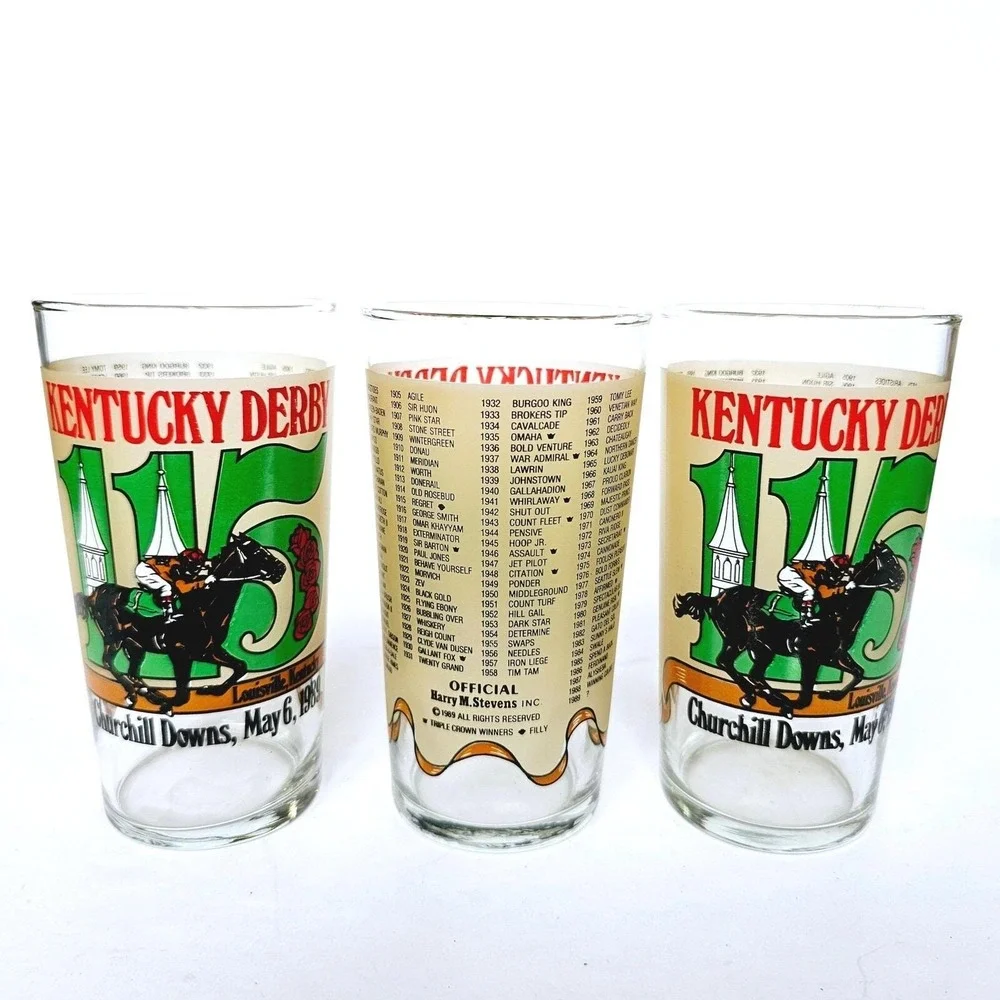 1989 Kentucky Derby 115 Mint Julep Glasses Set of 3 Churchill Downs Horse Racing